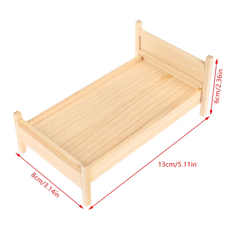 lit miniature classique bois marron clair matelas tête lit tissu uni blanc chambre poupée