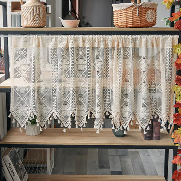 rideau vintage semi transparent brodé motifs géométriques tassellets blancs cuisine fenêtre polyester beigeclair