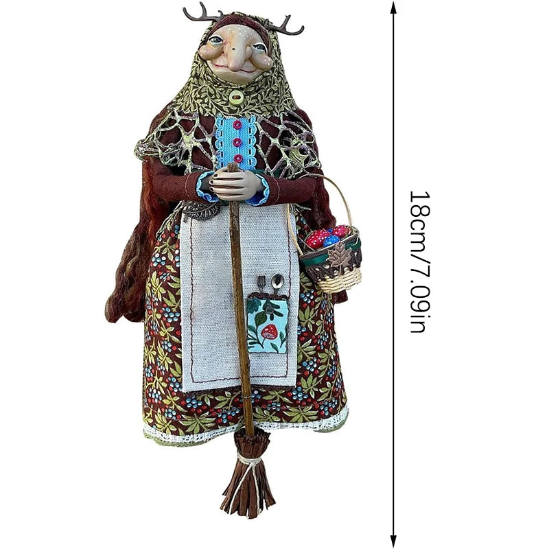 figurine artisanale sorcière cuisine résine broderie dentelle imprimé floral sac fourchettes cuillère bouquet fleurs