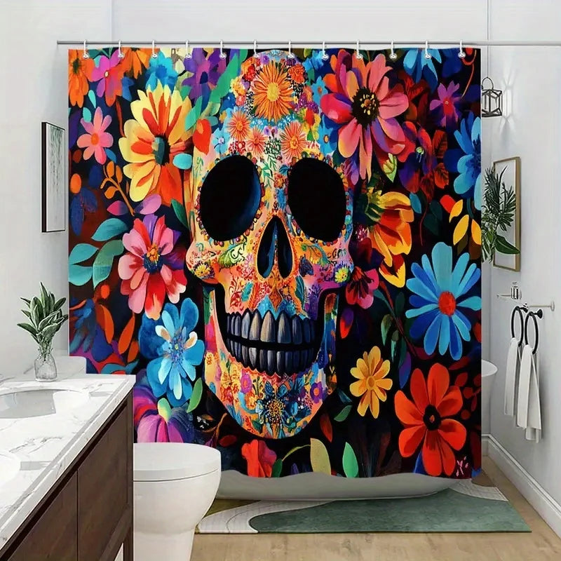 rideau douche multicolore crâne fleurs opacité moderne floral décoration salle bain