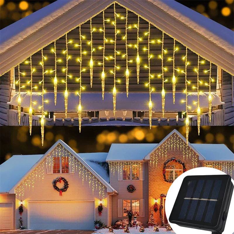 guirlande led gouttelettes translucides blanc chaud multicolore extérieur panneau solaire noel festive 162led 9m