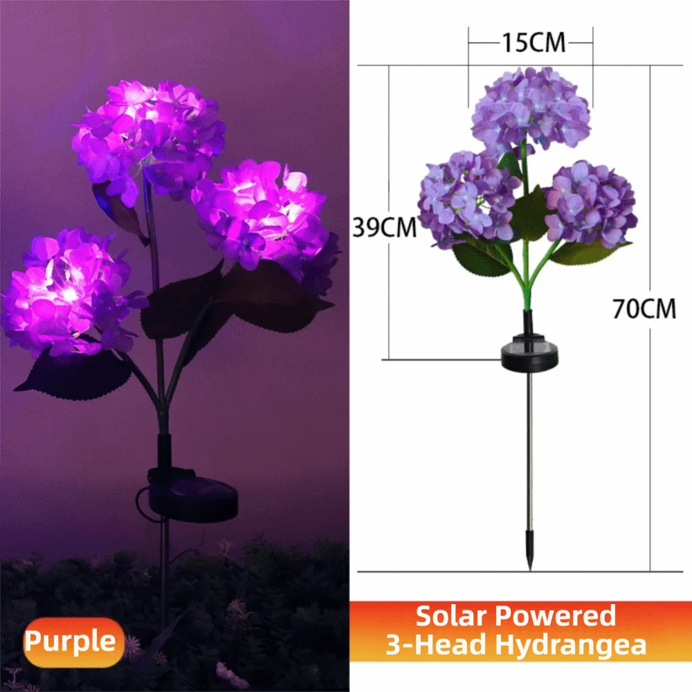 fleurs artificielles lumineuses hortensia bleu rose violet feuilles vertes moderne décoration extérieure panneau solaire