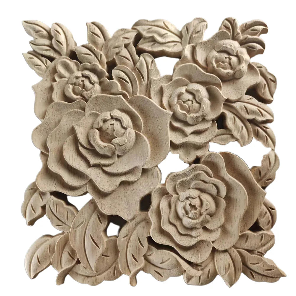 plaque décorative bois fleurs sculptées relief artisanal opaque beige clair 20x20cm