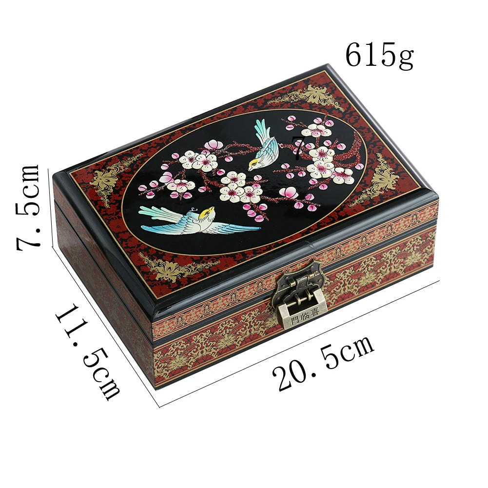 boîte bijoux bois artisanale compartiments fleurs cerisier oiseaux motifs floraux élégante verre transparent cadenas