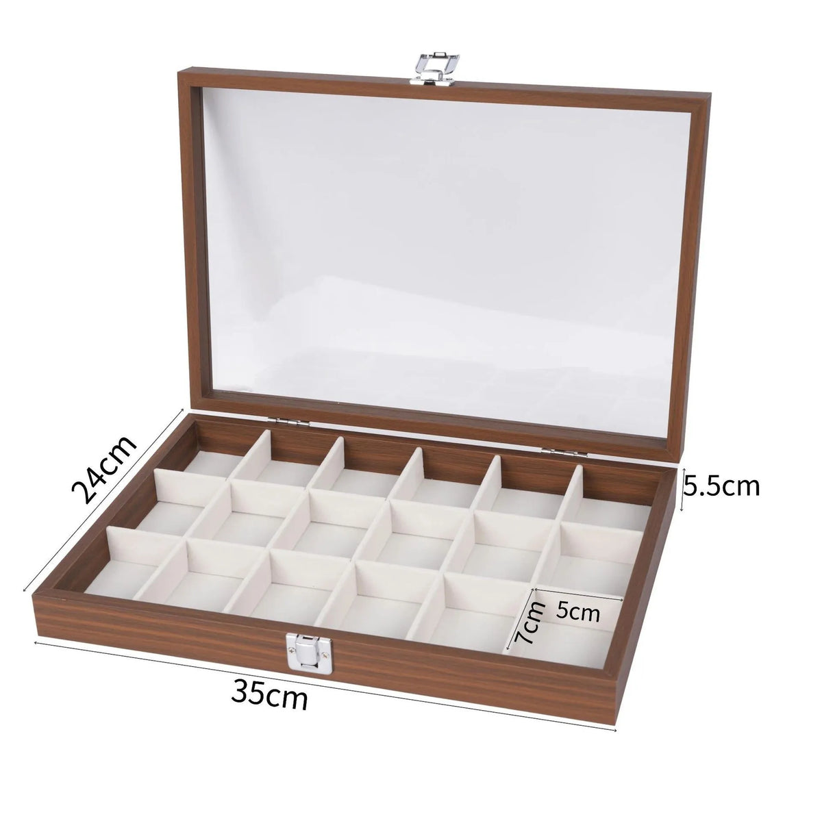 boîte rangement bijoux 33cm 22cm 24 compartiments bois marron clair velours blanc cadenas classique