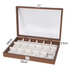 boîte rangement bijoux 33cm 22cm 24 compartiments bois marron clair velours blanc cadenas classique