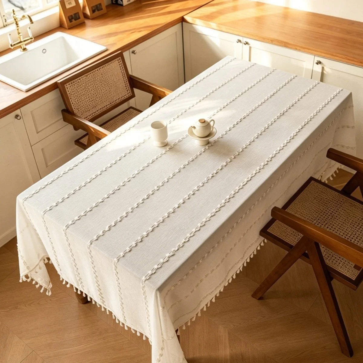 nappe beige clair rayées franges rustique boho chic table salle manger polyester machine