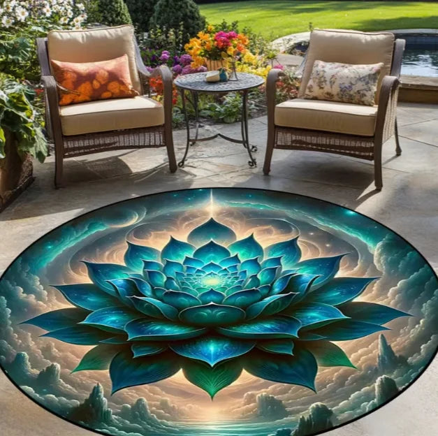 tapis rond fleur lotus géométrique moderne or bleu multicolore 80x80cm 120x120cm