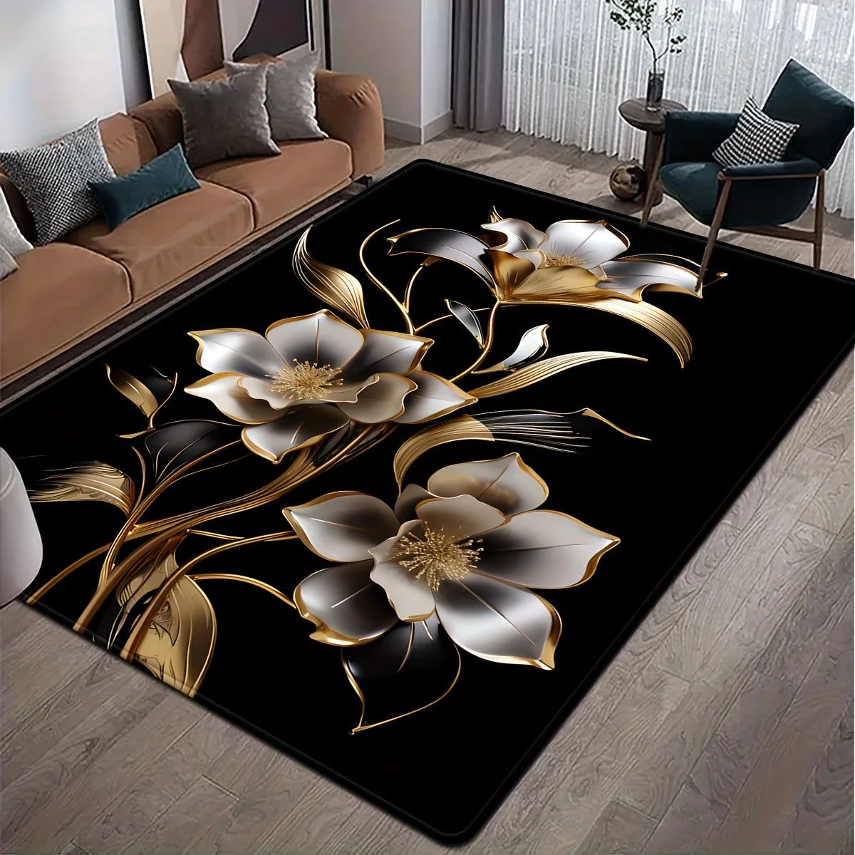tapis moderne fleurs noires dorées salon chambre bain extérieur anti décoloration polyester PVCwasher machinewashable