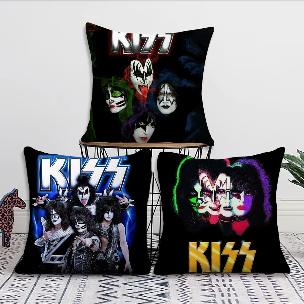 coussin carré motif kiss polyester pop rock noir imprimé dobbys décoratif 40x40cm 45x45cm 50x50cm