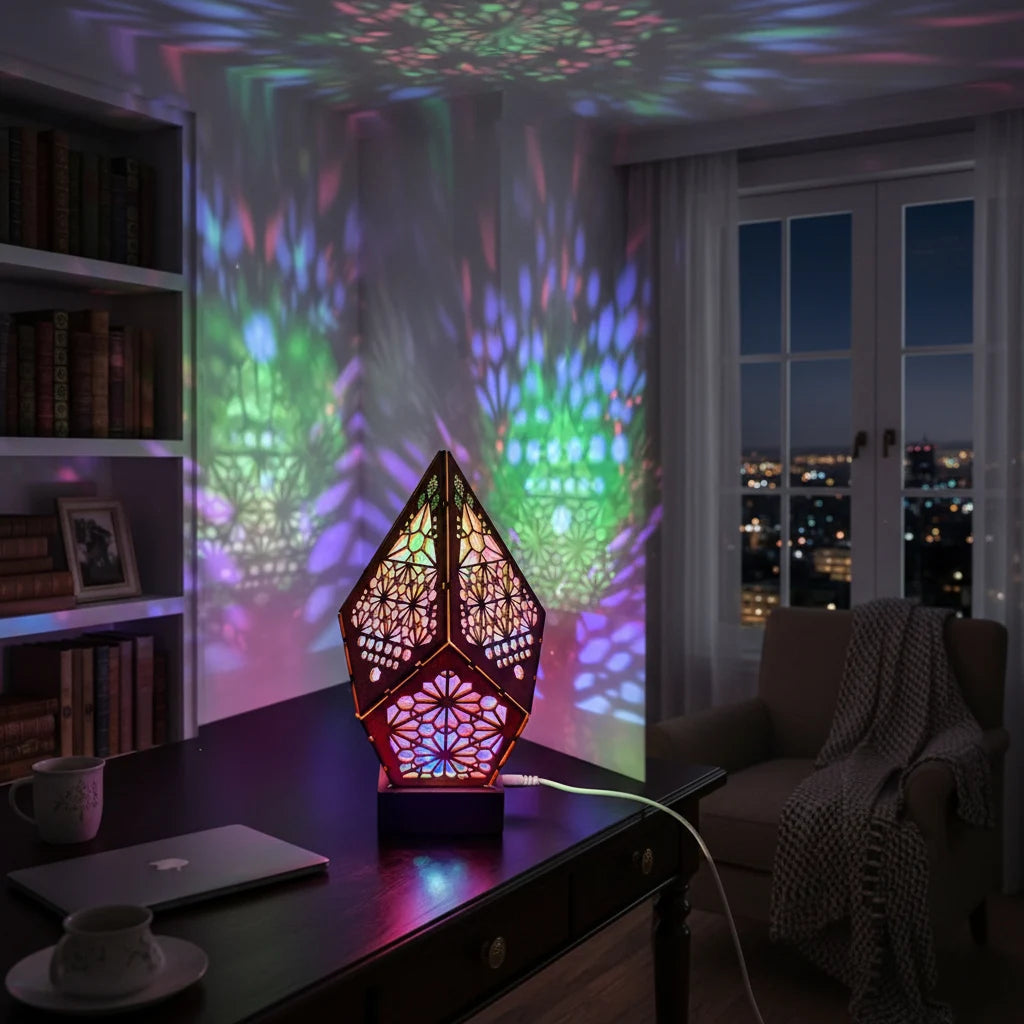 lampe décorative bois led géométrique multicolore effet lumière chambre moderne