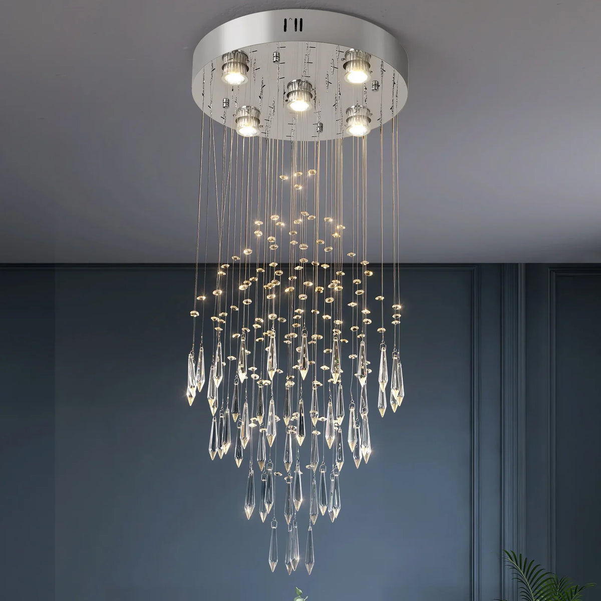 lustre cristal suspendu moderne argenté gouttes transparentes salon salle manger luxe
