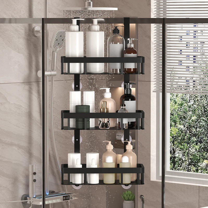 étagère salle bain noire double niveau clips adhésifs moderne organisation produits cosmétiques