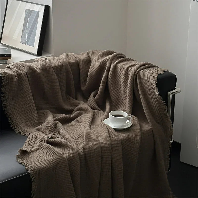 plaid coton marron texture gaufrée franges voyage printemps automne minimaliste portable chambre coucher