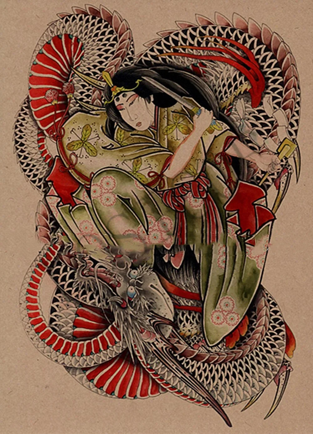 tattoo temporaire tatouage japonais dragon femme fleur noir blanc rouge vert bleu or