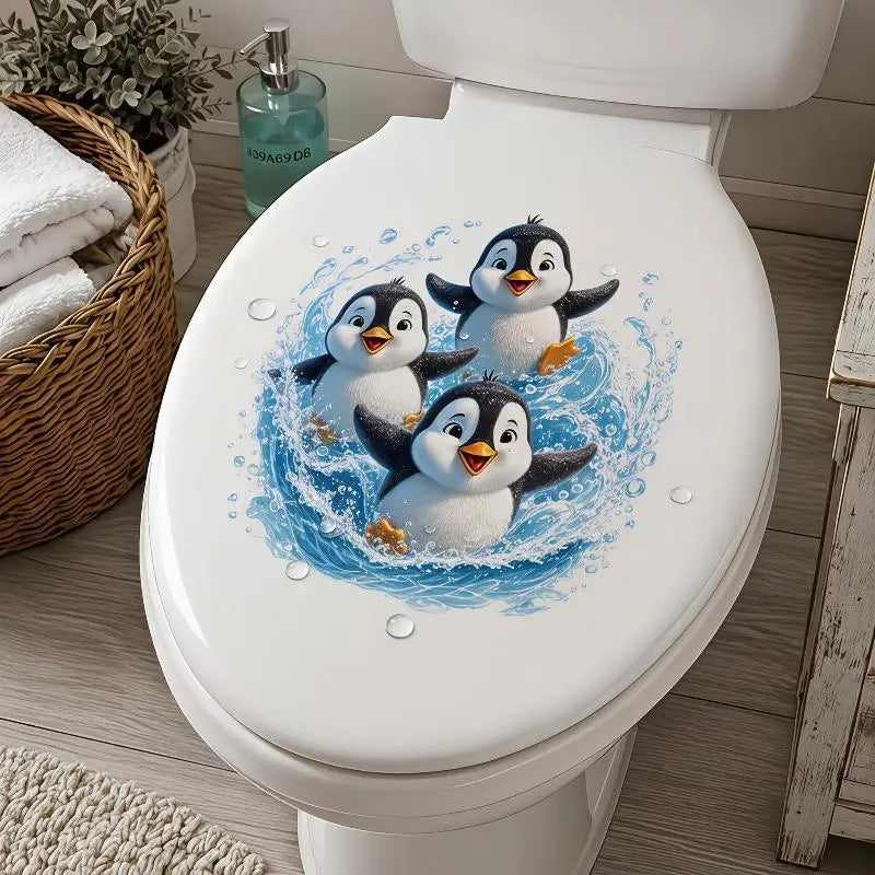 sticker toilette pingouins dessin animé blanc bleu noir orange bulles salle bain imperméable amovible