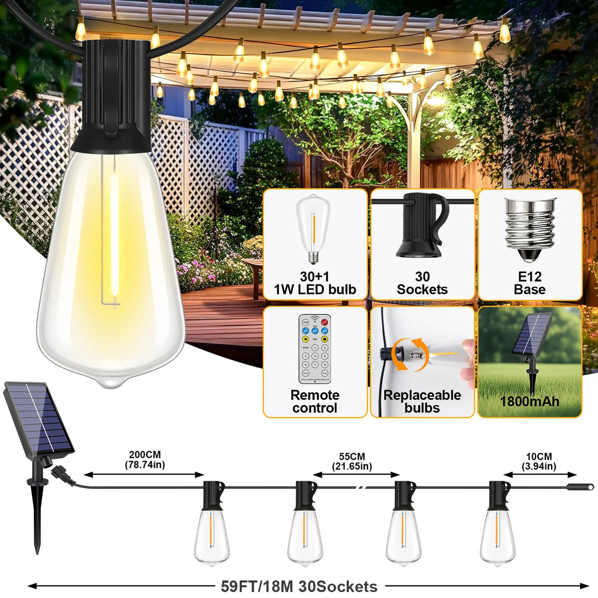 éclairage solaire extérieur guirlande 30m 50ampoules jaunes panneau solaire télécommande