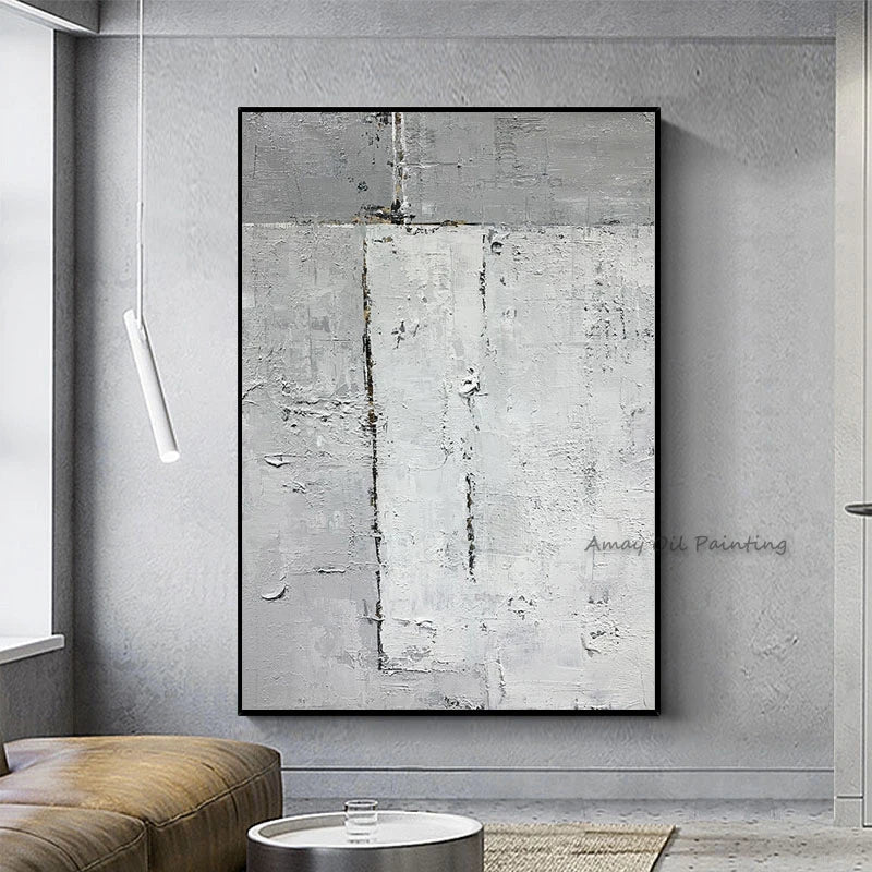 peinture abstraite contemporaine toile huile gris blanc texture grunge minimaliste sans cadre decoration interieur