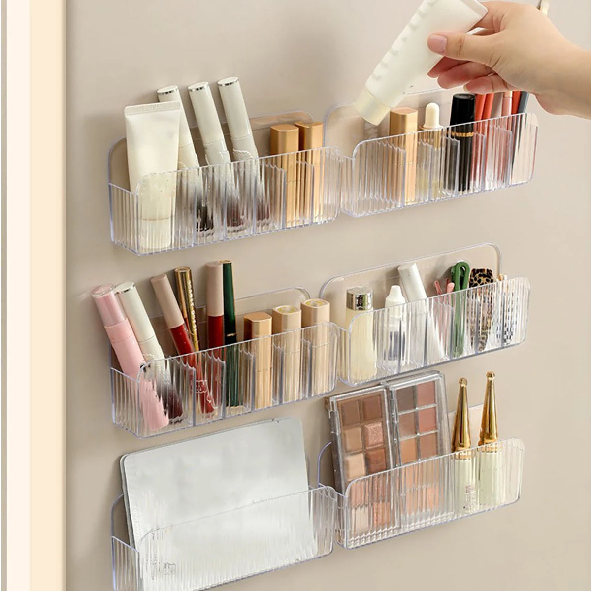 organisateur cosmétiques mural transparent compartiments rainures adhésif modernes minimaliste rouge lèvres palettes ombres