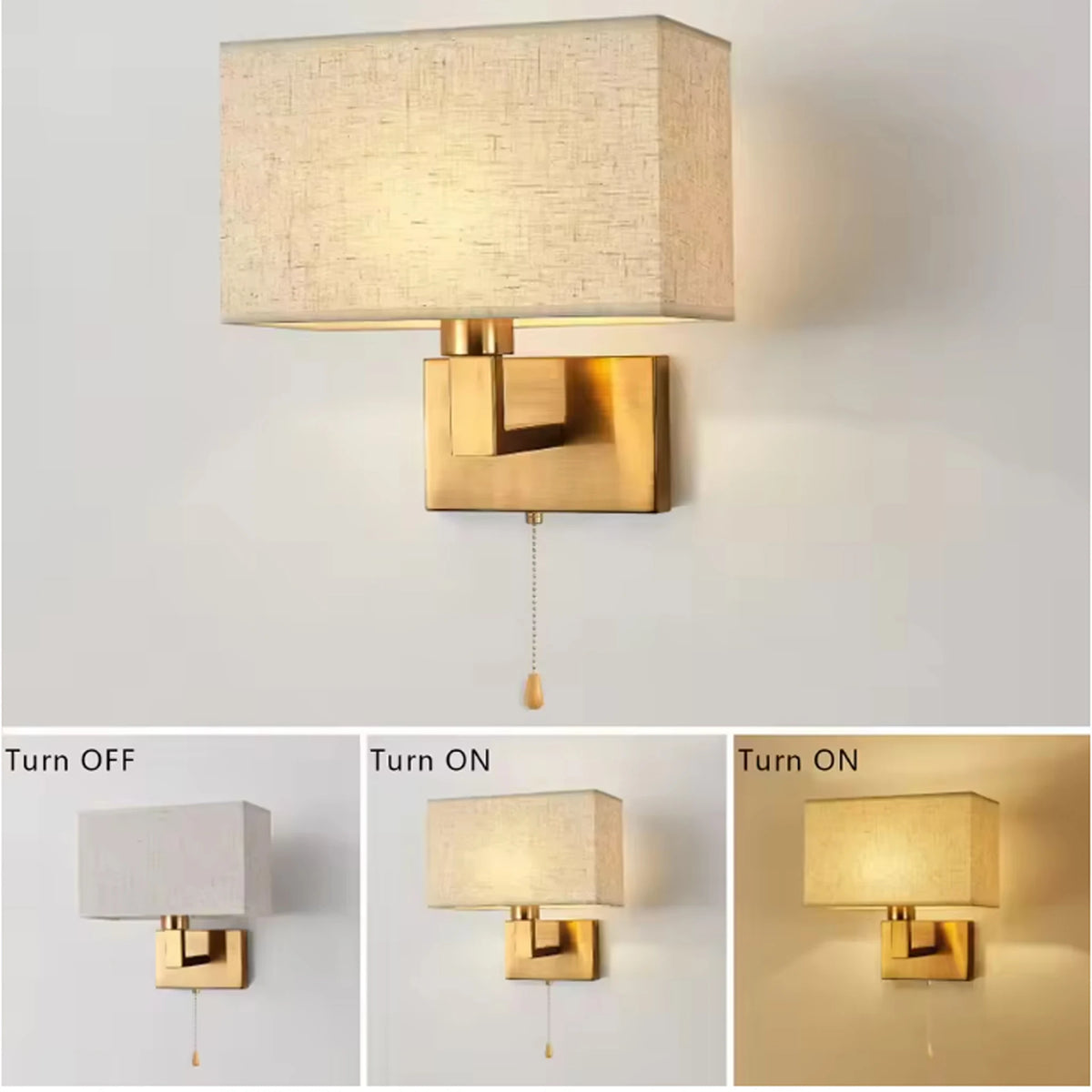 lampes murales modernes élégantes beige clair doré abat jour texturé fixées mur pull chain