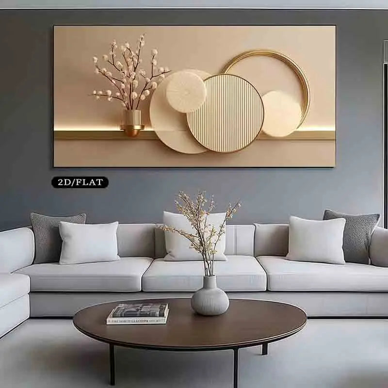 impression toile géométrique moderne minimaliste beige doré blanc gris vertical decoration mur wall art
