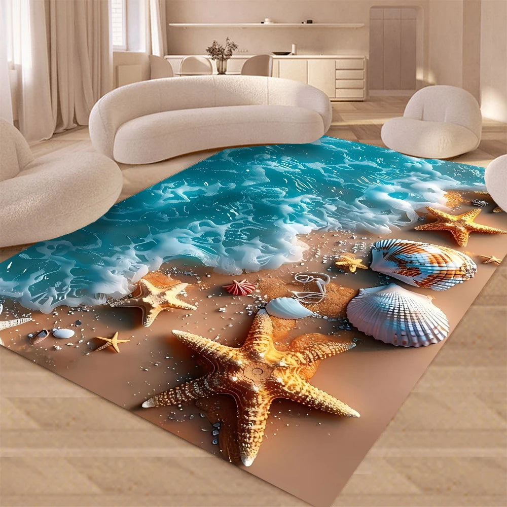 tapis sol moderne motif marin étoile mer coquillage bleu beige salon chambre décoratif