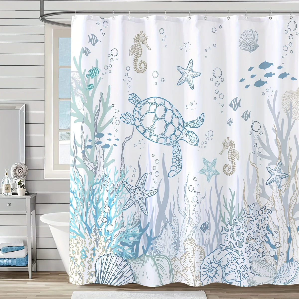 rideau douche moderne thème marin tortue hippocampes étoiles mer blanc bleu gris
