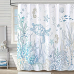 rideau douche moderne thème marin tortue hippocampes étoiles mer blanc bleu gris