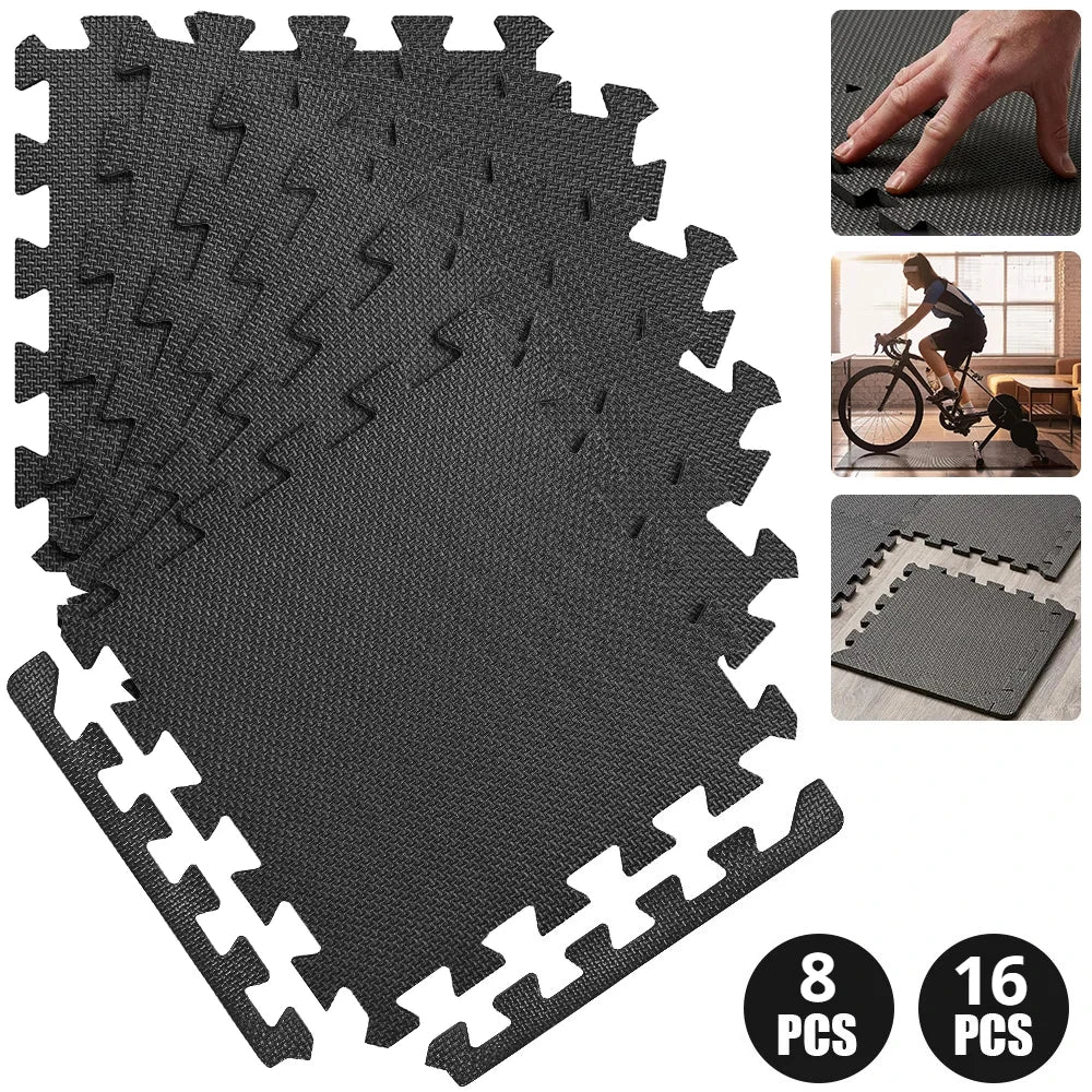 tapis sol noir puzzle géométrique moderne 30x30cm pack 16 pièces relaxation massage