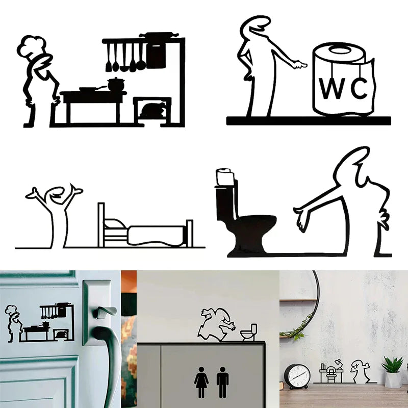 autocollant mural minimaliste noir silhouettes personnages cuisine toilettes abstrait chambre cuisine salle bain