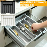 boîte rangement couverts gris plastique lisse moderne compartiments ajustables dorés argentés