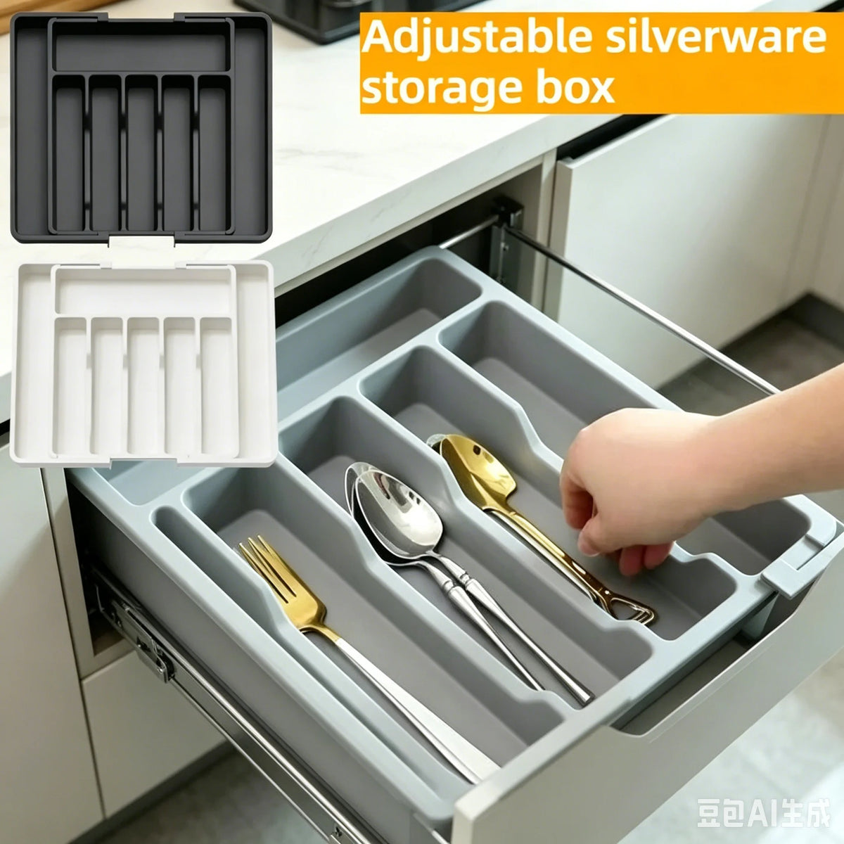 boîte rangement couverts gris plastique lisse moderne compartiments ajustables dorés argentés