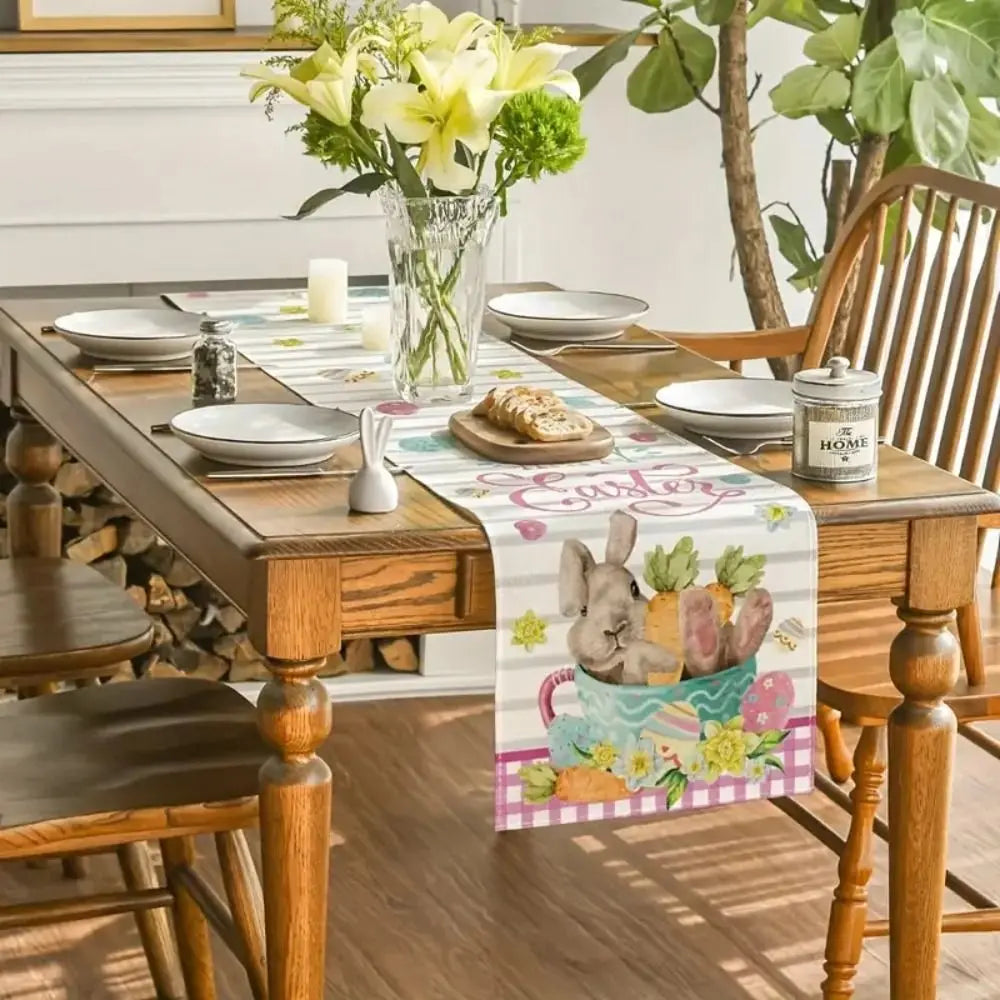 chemin table pâques lapins fleurs printemps jaune rose verte bleue pastorale imperméable polyester rectangle