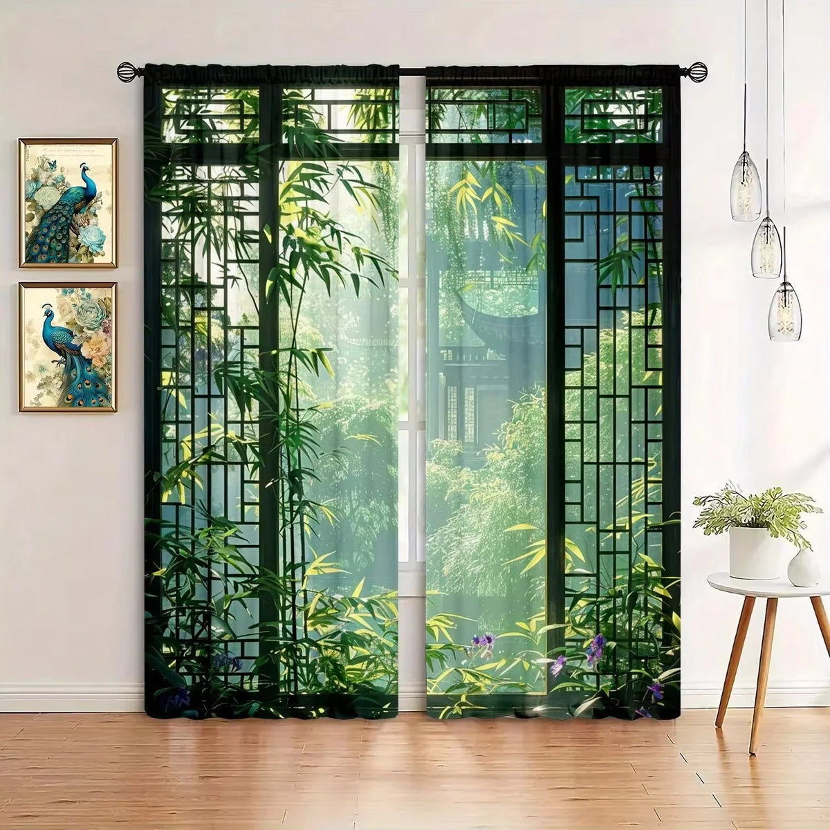 rideau vert bambou semi transparent moderne fenêtre imprimé oriental intimité décoration salon fêtes