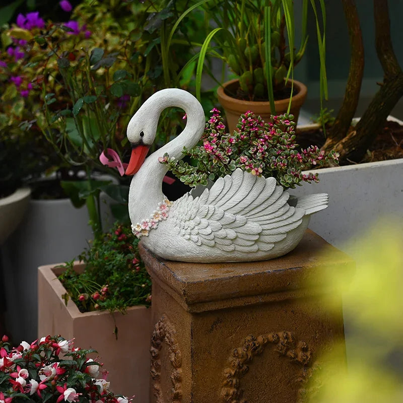 jardin animal sculpture cygne fleuri décoration balcon pot fleur résine décor champêtre plante verte