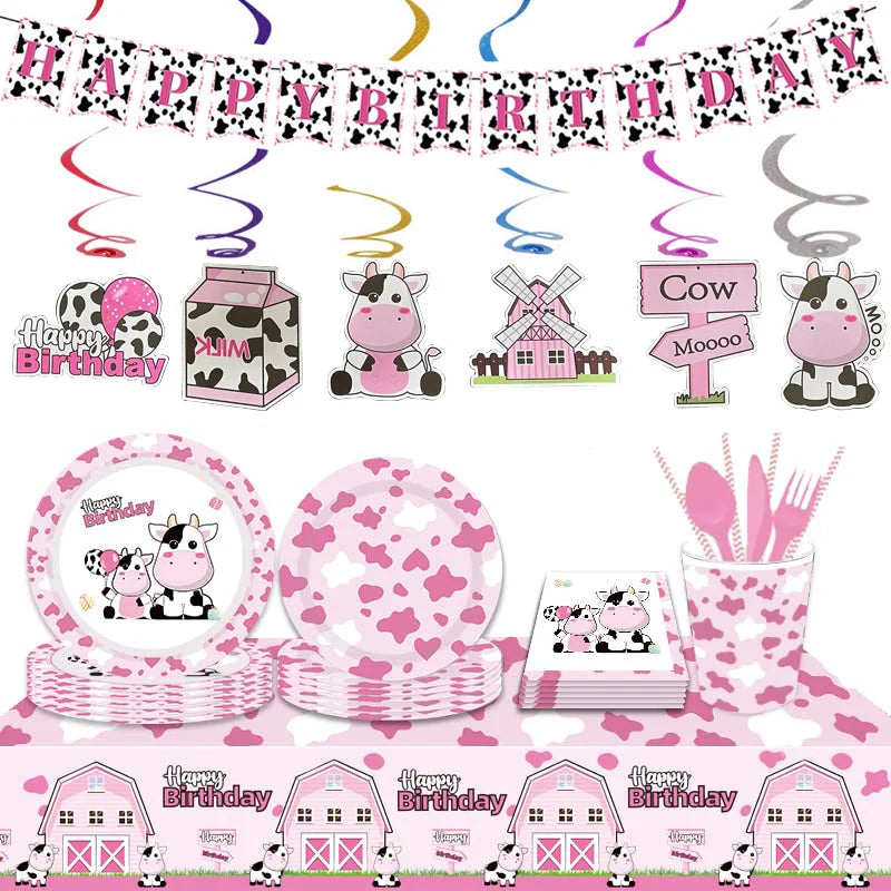 assiettes jetables vache rose anniversaire coeurs happy birthday serviettes fourchettes gobelets guirlande thème vache