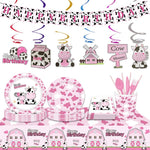 assiettes jetables vache rose anniversaire coeurs happy birthday serviettes fourchettes gobelets guirlande thème vache