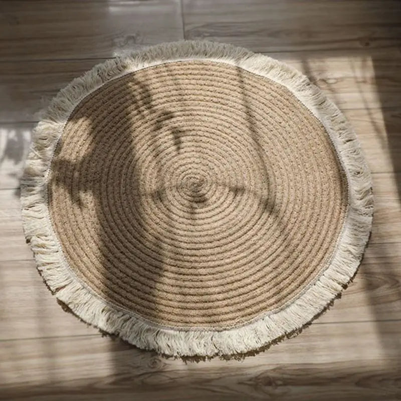 tapis rond boho spirale concentrique franges blanches beige clair decoratif chambre lavable PVC fibre