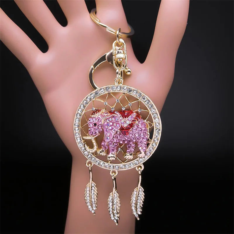 porte clés or rose éléphant plumes strass bohème ethnique métal plaqué argent décoration intemporelle