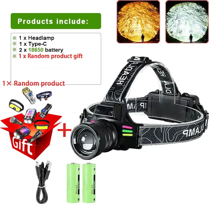 lampe frontale rechargeable led super lumineuse phare pêche chasse clip tête 800w sensor ir