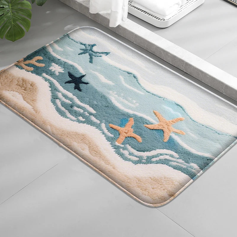 tapis bain absorbant anti dérapant motif étoiles mer moderne bleu orange