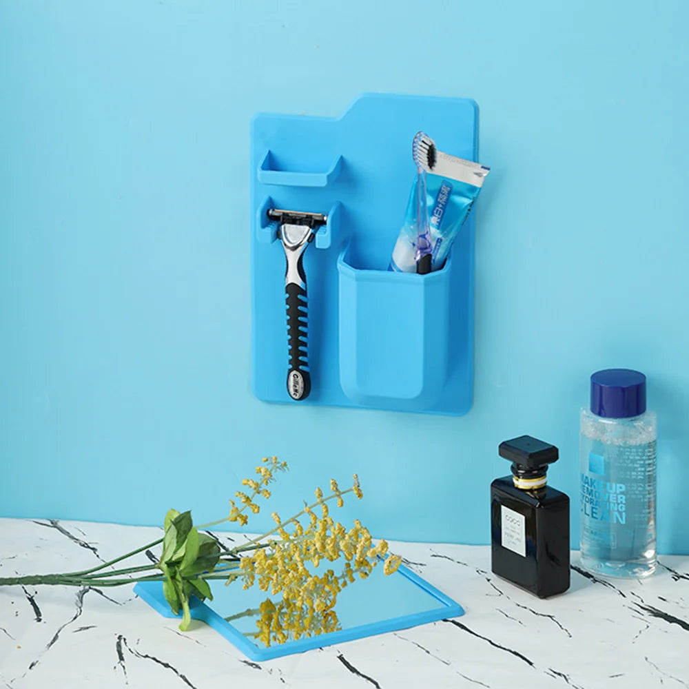porte accessoires salle bain moderne adhésif brosse dents brosse maquillage rasoir tube dentifrice flacon