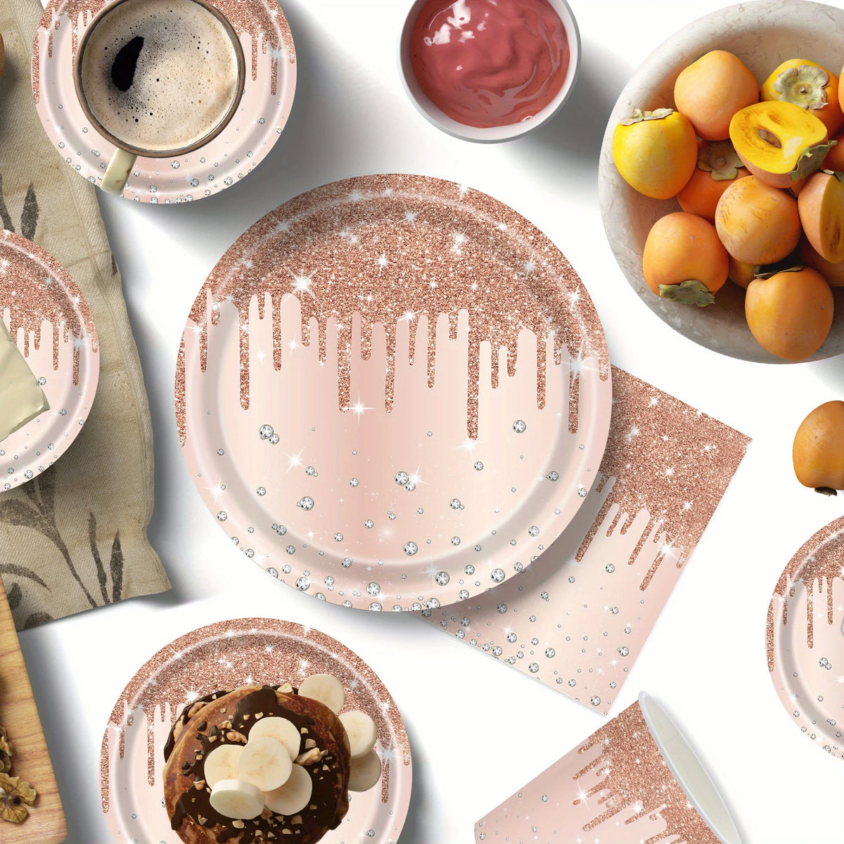 assiettes carton gobelets serviettes papier rose paillettes dorées moderne festif événements célébrations utilisation pratique