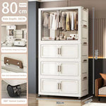 armoire rangement blanc moderne classique verres transparents tiroirs étagères vêtements toilette roulettes