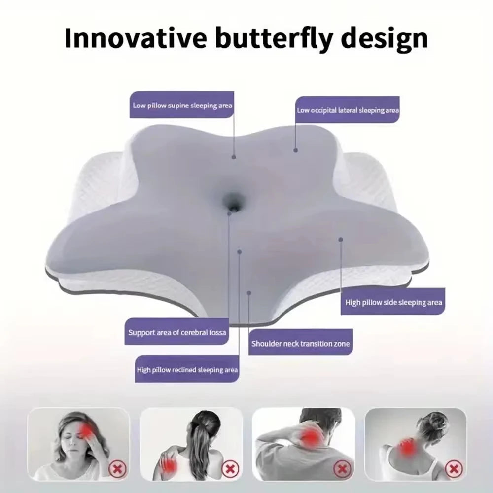 oreiller mousse mémoire forme papillon gris blanc moderne ergonomique doux massage voyage