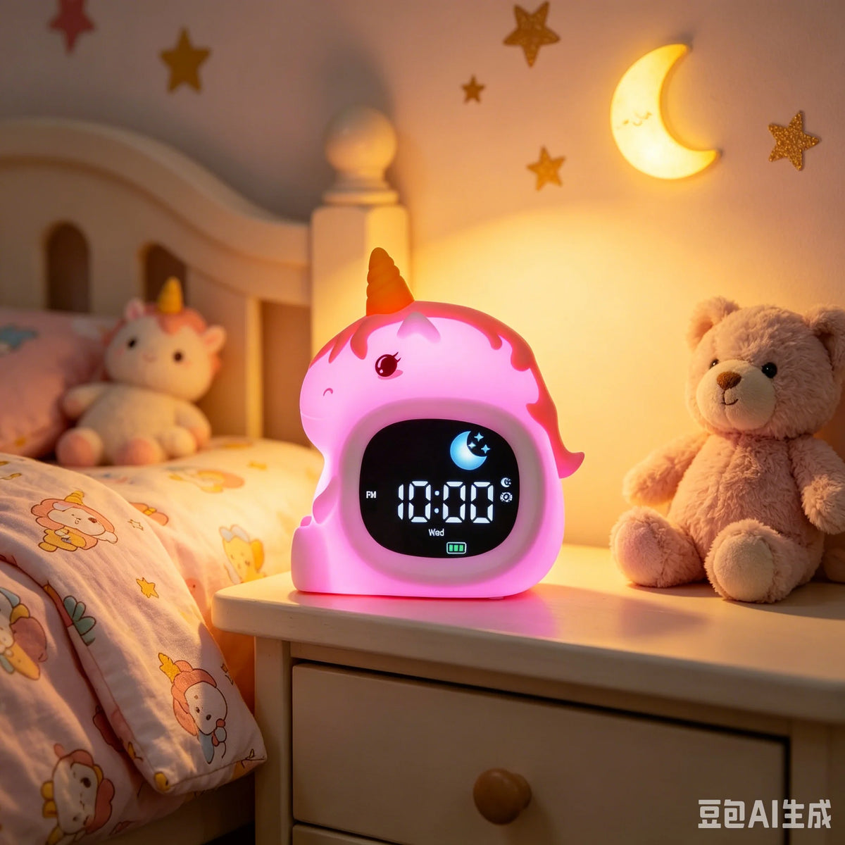horloge d'alarme enfant licorne rose feuilles LED adhésif boutons réglage USB recharge
