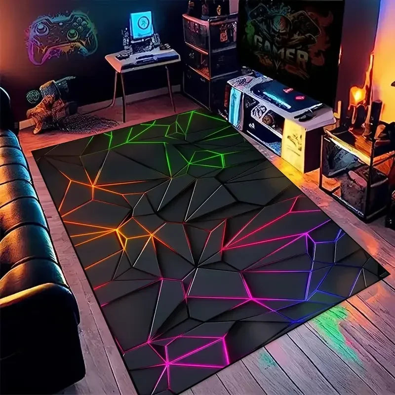 tapis moderne géométrique polygones lumineux noir vert orange rose bleu violet salon chambreextérieur