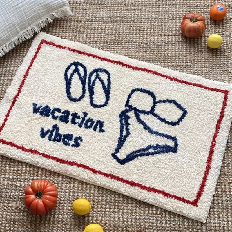 tapis blanc bleu marine rouge sandales étoile mer coquillages vacation vibes antidérapant imperméable polyester