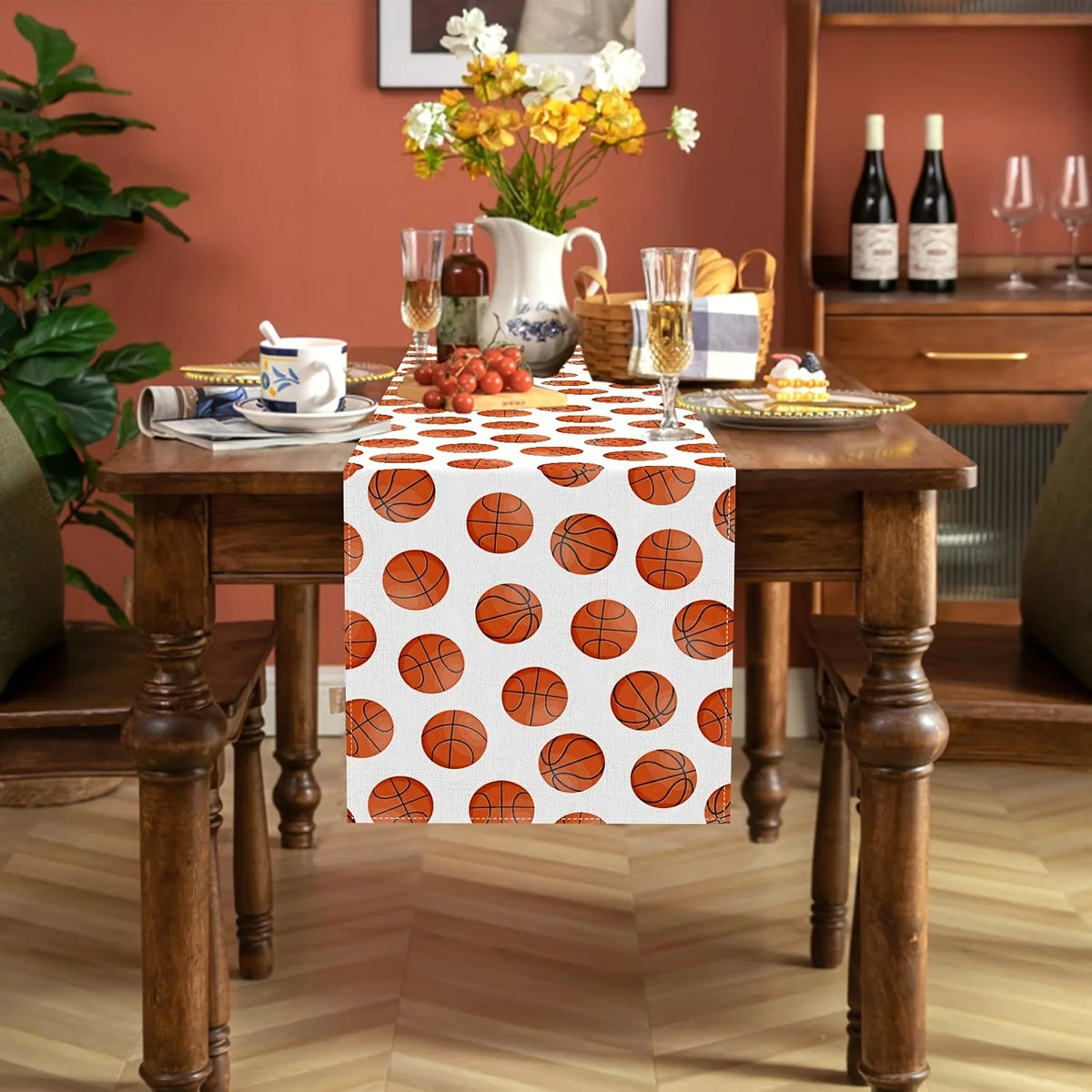 nappe rectangulaire basketball motifs ballons blanc moderne décoration maison festive orangée marron
