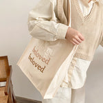 sac main toile brodée beloved lettres décontracté poignées détachables couleur beige marron bleu clair